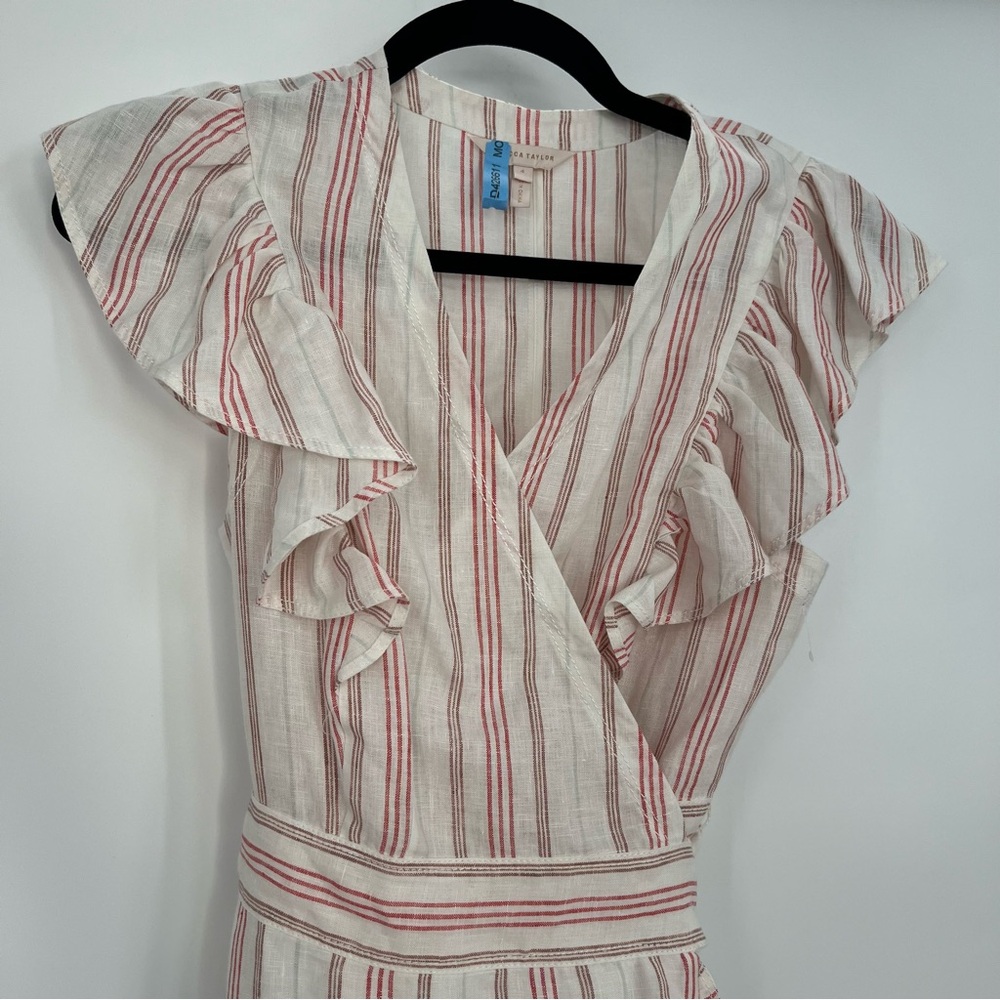 Rebecca Taylor Linen Yarn Striped Ruffle Wrap Mini Dress Sleeveless Size 4 - Picture 3 of 10